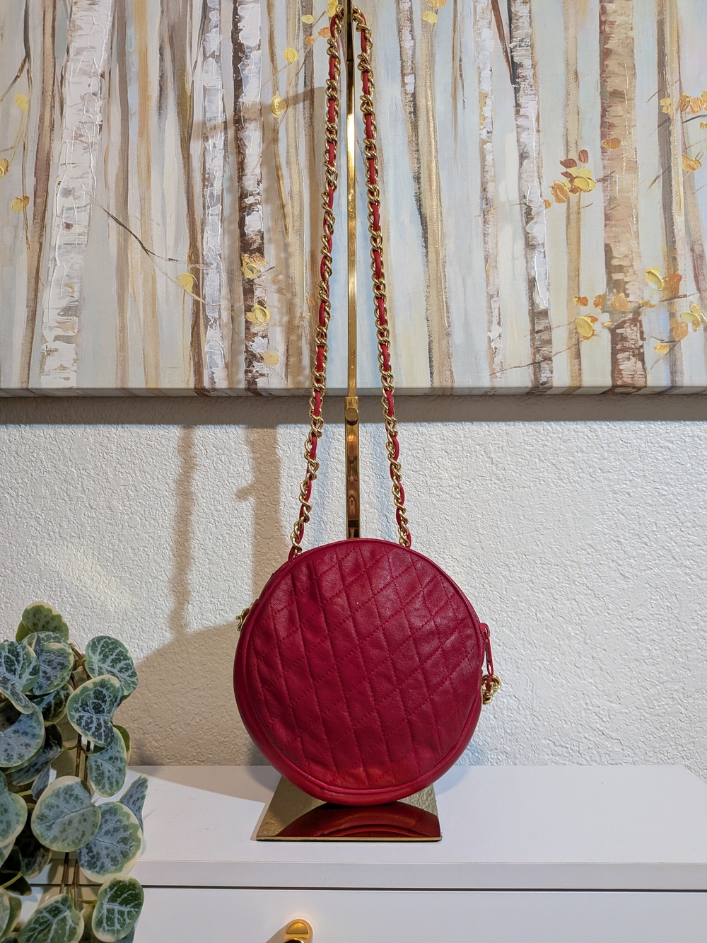 Quilted Round Italian Red Leather Crossbody Shoulder Bag